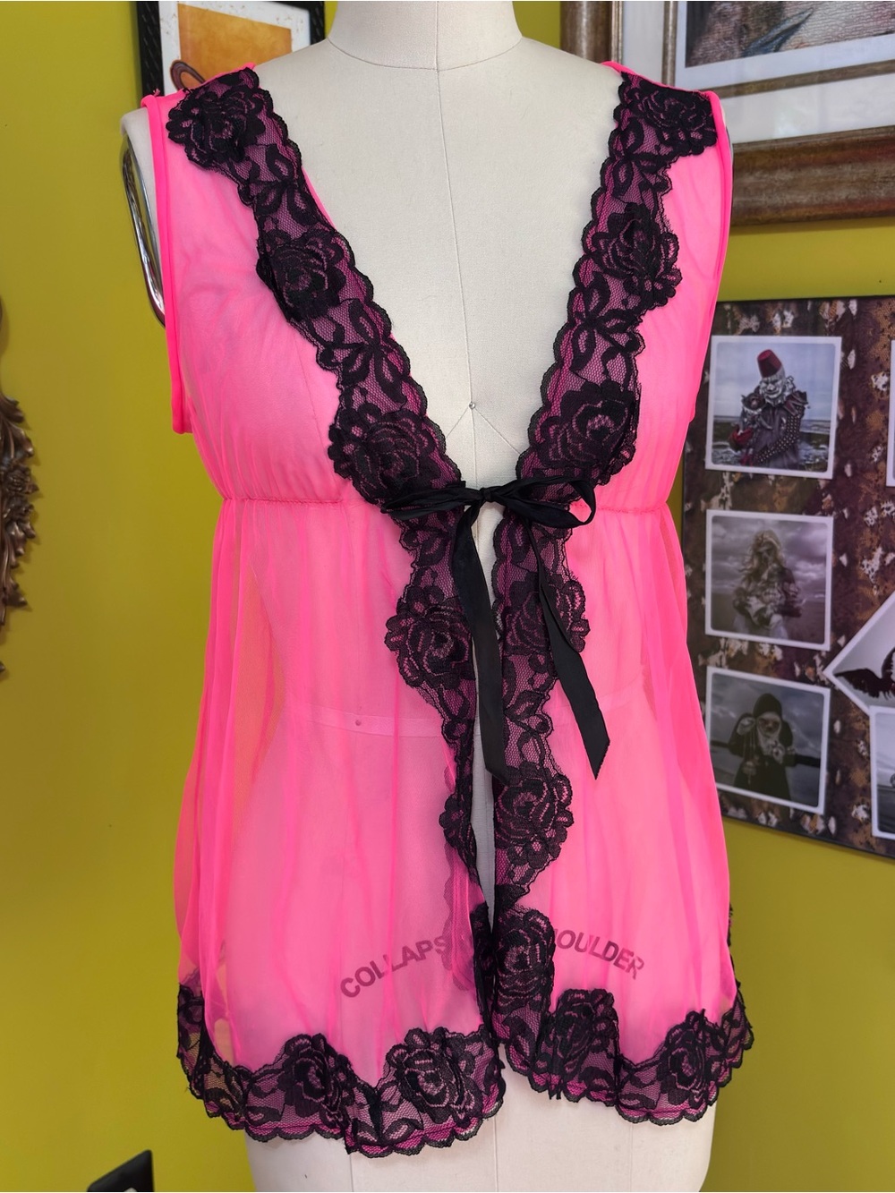 Vintage Sheer Hot Pink Lace-Trim Babydoll Nightgown
